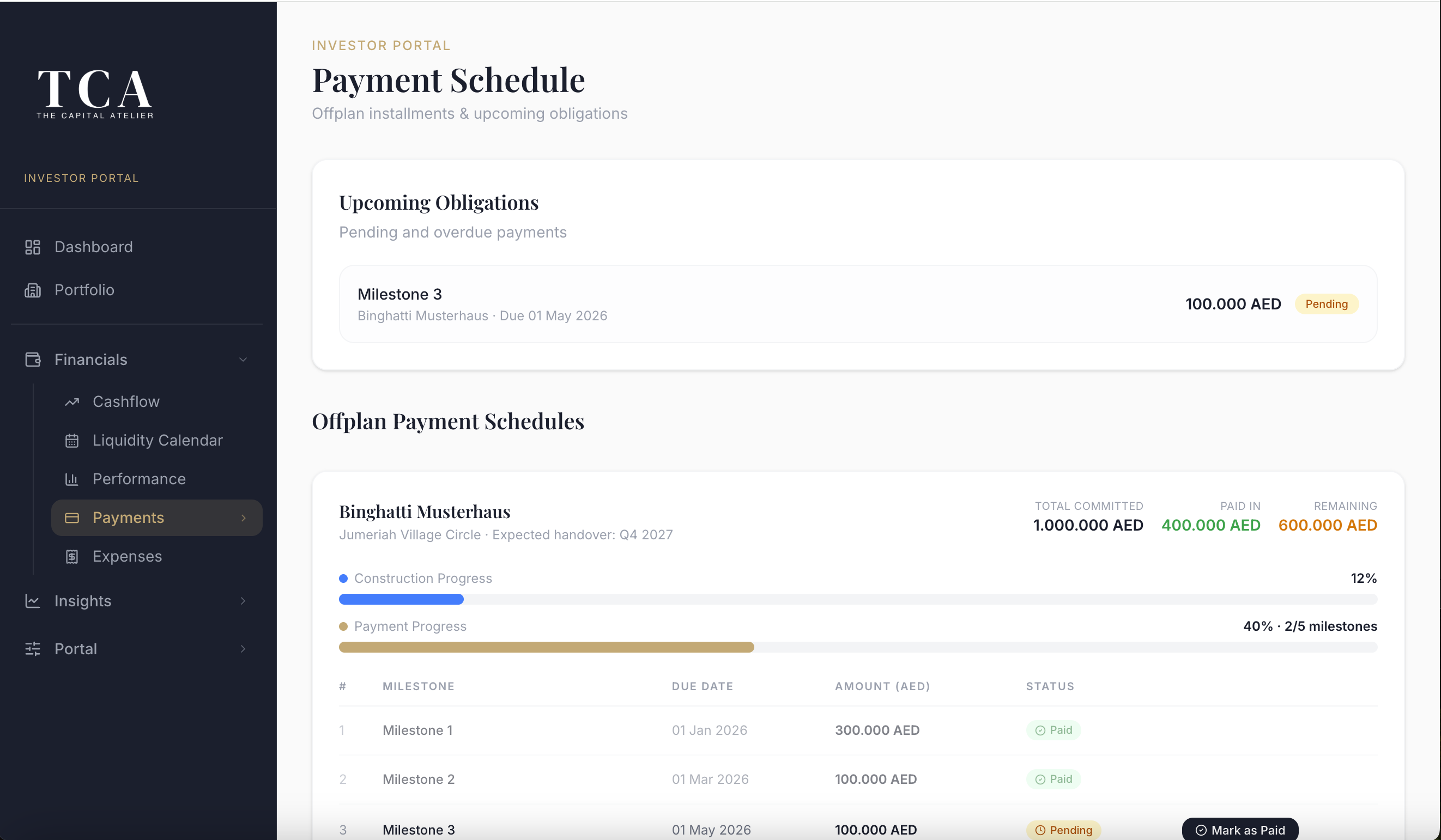 TCA Investor Portal — Zahlungsplan