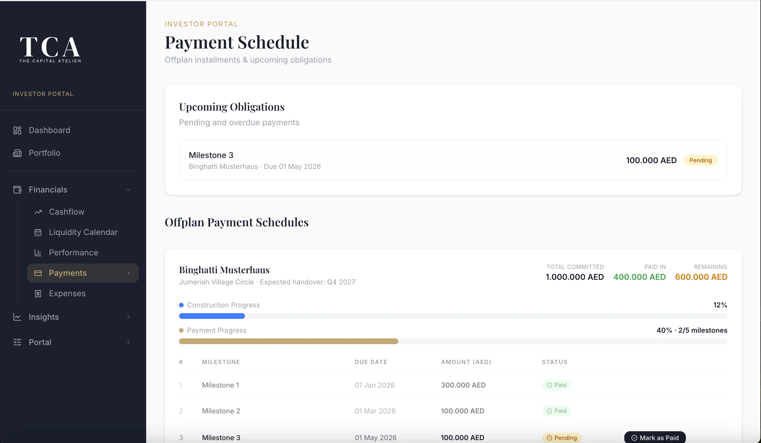 TCA Investor Portal — Zahlungsplan und Cashflow-Übersicht der Immobilien