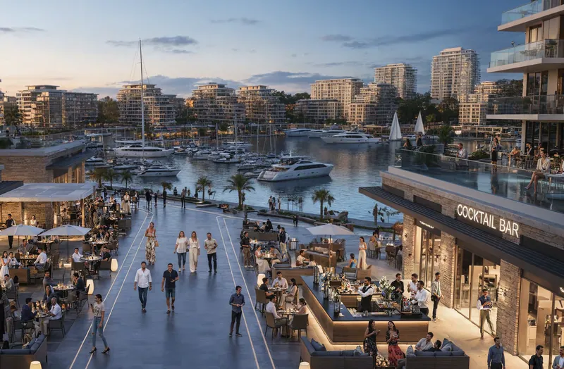 Waterfront-Promenade mit Restaurants und Bars