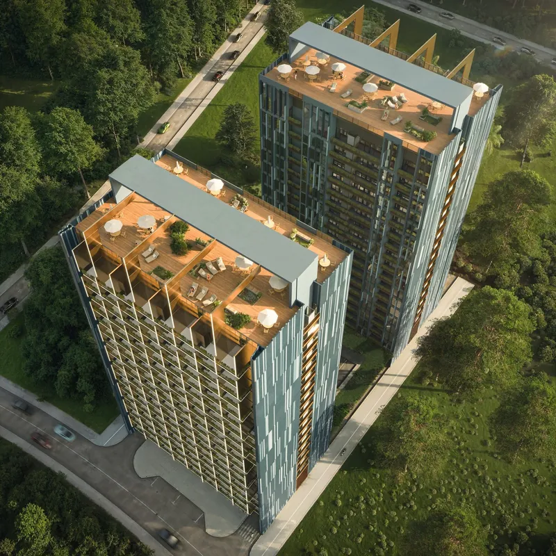Luftaufnahme der Reverance-Türme mit Rooftop-Terrassen